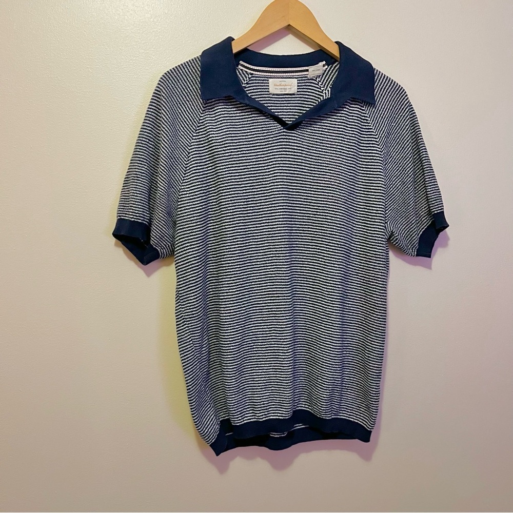 Weatherproof Vintage Navy and White Striped Polo Sweater Short Sleeve Preppy M